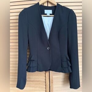 H&M Black Women's Collarless Blazer with Waist Ruffle Detail